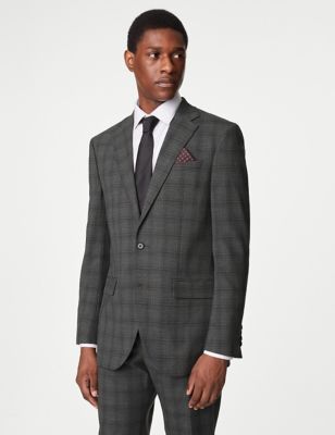 M&S Mens Regular Fit Check Stretch Suit Jacket - 38REG - Grey, Grey