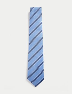 M&S Men's Striped Pure Silk Tie - Light Blue, Light Blue