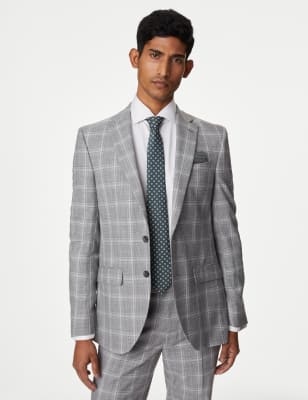 M&S Men's Slim Fit Check Stretch Suit Jacket - 34LNG - Grey, Grey