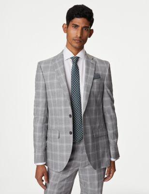 M&S Mens Slim Fit Check Stretch Suit Jacket - 34REG - Grey, Grey