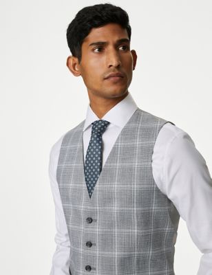 M&S Mens Slim Fit Check Stretch Waistcoat - 38REG - Grey, Grey