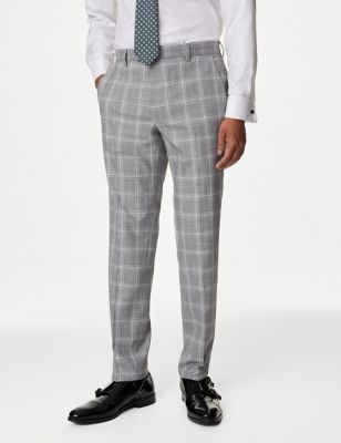 M&S Men's Slim Fit Check Stretch Suit Trousers - 28SHT - Grey, Grey