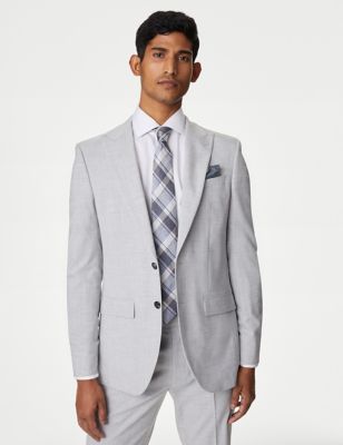 M&S Men's Slim Fit Check Suit Jacket - 34SHT - Light Grey, Light Grey