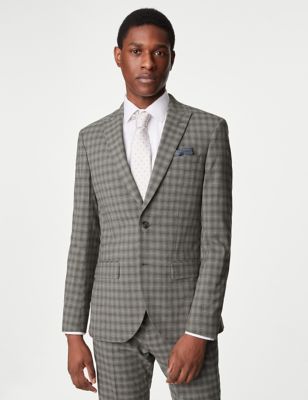 M&S Men's Skinny Fit Check Stretch Suit Jacket - 42REG - Grey, Grey