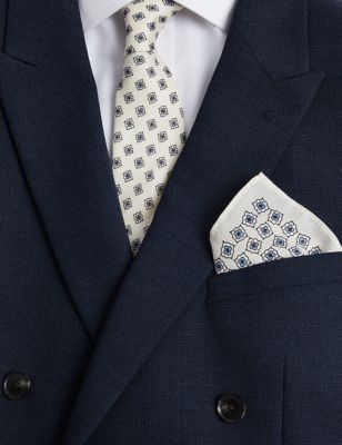 M&S Mens Wool Rich Tie & Pocket Square Set - Neutral, Neutral,Navy