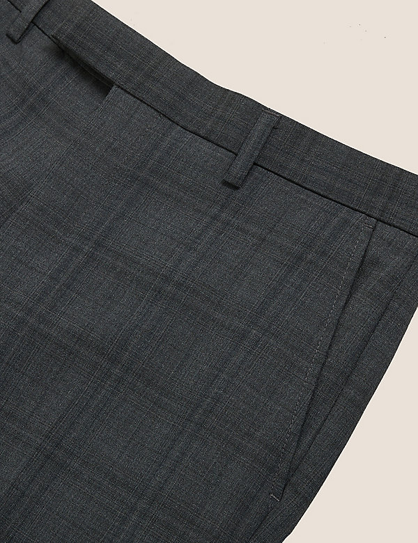 Houtskoolkleurige pantalon van wolmix met elegante snit en ruitmotief - BE
