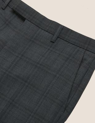 M&S Mens Charcoal Tailored Fit Wool Blend Check Trousers