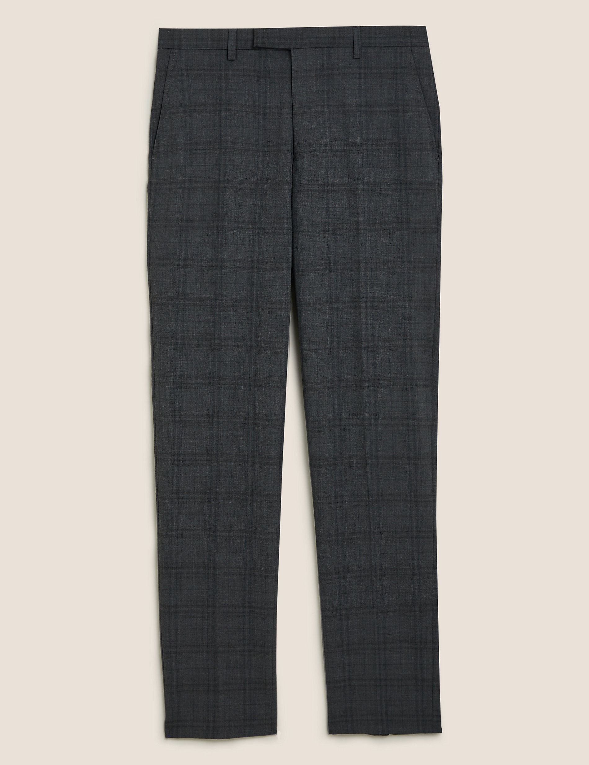 Houtskoolkleurige pantalon van wolmix met elegante snit en ruitmotief