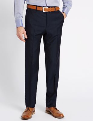 Navy Textured Regular Fit Wool Trousers