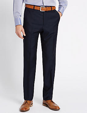 Navy Textured Regular Fit Wool Trousers