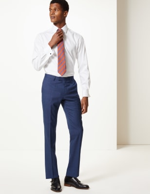 Pantalon bleu en laine textur&eacute;e coupe slim