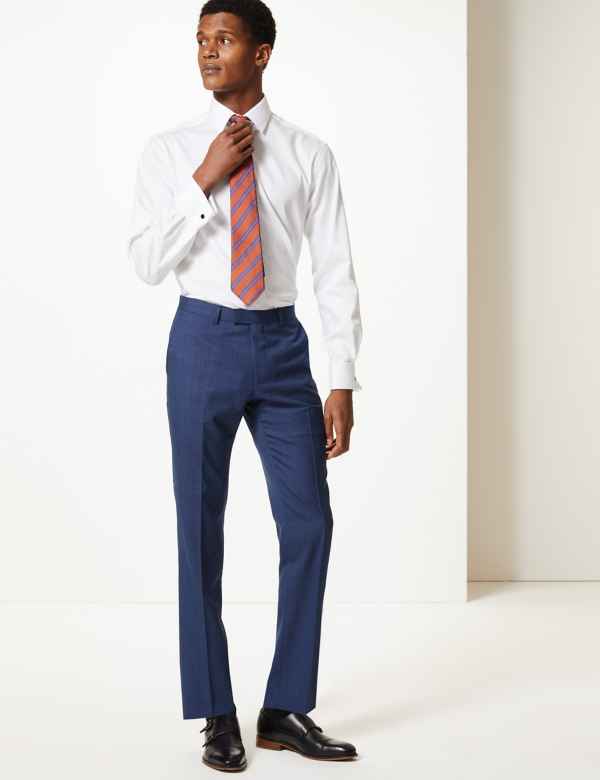 Blue Textured Slim Fit Wool Trousers
