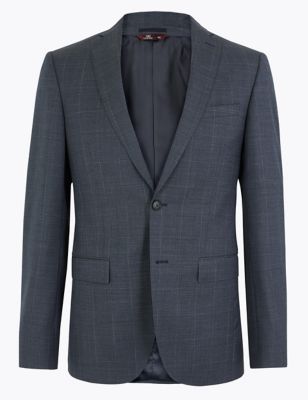 Blue Checked Slim Fit Wool Jacket | M&S Collection Luxury | M&S