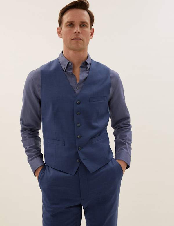 Blue Tailored Fit Wool Waistcoat