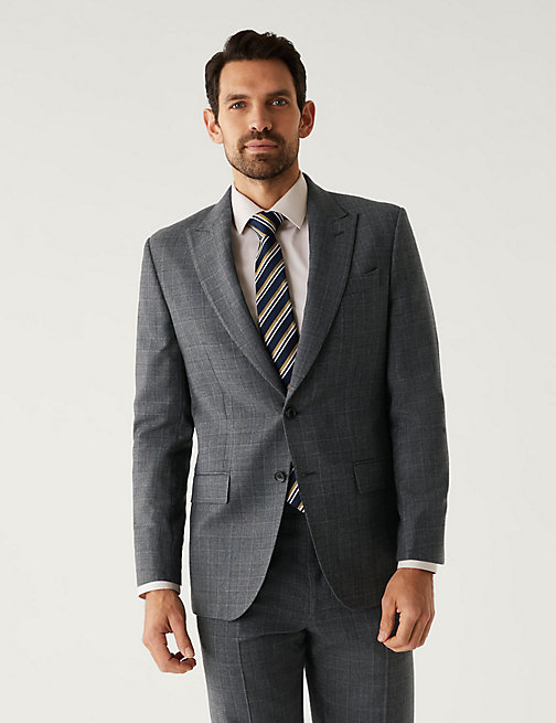 Marks And Spencer Mens M&S SARTORIAL Regular Fit Pure Wool Check Jacket - Grey, Grey