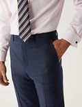 Zuiver wollen, marineblauwe pantalon met normale pasvorm en ruitmotief
