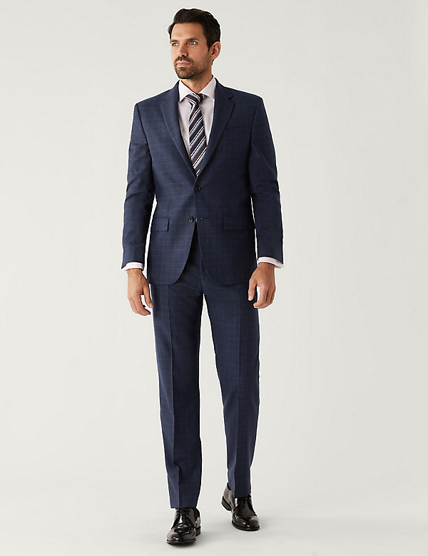 Navy Regular Fit Pure Wool Check Trousers - FR