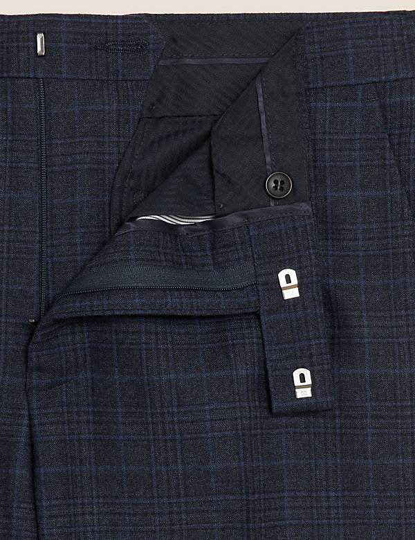 Navy Regular Fit Pure Wool Check Trousers - RO