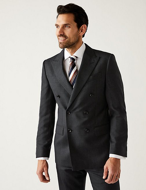 Marks And Spencer Mens M&S SARTORIAL Regular Fit Pure Wool Double Breasted Jacket - Charcoal