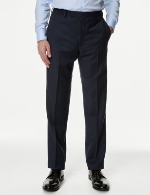 M&S Sartorial Mens Regular Fit Pure Wool Check Suit Trousers - 32SHT - French Navy, French Navy