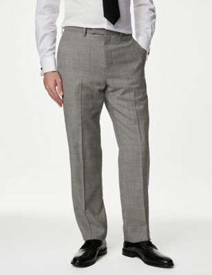 M&S Sartorial Mens Regular Fit Pure Wool Check Suit Trousers - 34LNG - Grey Mix, Grey Mix