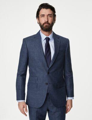M&S Sartorial Mens Regular Fit British Wool Linen Blend Check Suit Jacket - 38REG - Indigo, Indigo
