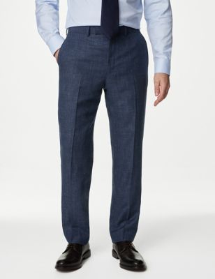 M&S Sartorial Men's British Wool Linen Blend Check Suit Trousers - 34SHT - Indigo, Indigo
