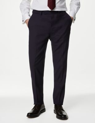M&S Sartorial Mens Slim Fit Pure Wool Herringbone Suit Trousers - 28SHT - Navy, Navy