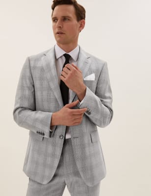 Mens Savile Row Inspired Veste en laine coupe ajustée à carreaux - Grey Mix