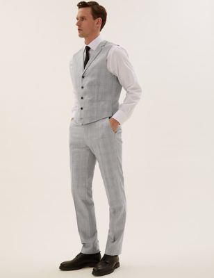 Mens Savile Row Inspired Gilet de costume ajusté en laine à carreaux - Grey Mix
