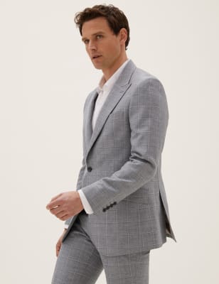 

Mens Savile Row Inspired Tailored Fit Wool Rich Check Jacket - Light Grey, Light Grey