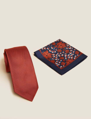 Mens M&S Collection Floral Tie & Pocket Square Set - Rust, Rust