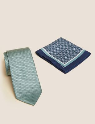 M&S Men's Slim Geometric Tie & Pocket Square Set - Mint, Mint