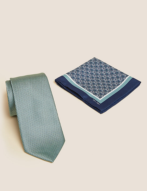 Slim Geometric Tie & Pocket Square Set - BG
