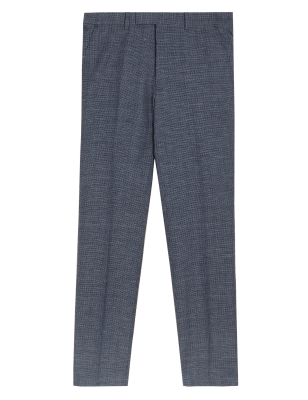 Mens Savile Row Inspired Tailored Fit Wool Rich Puppytooth Trousers - Navy Mix