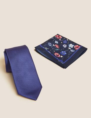 Mens M&S Collection Floral Pocket Square & Tie Set - Blue, Blue