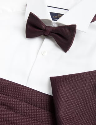 M&S Mens Bow Tie, Pocket Square & Cummerbund Set - Burgundy, Burgundy,Black