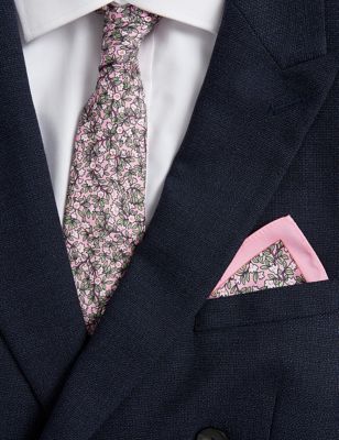 M&S Mens Slim Printed Floral Tie & Pocket Square Set - Pink Mix, Pink Mix,Grey Mix