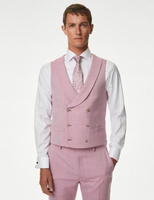 M&S Mens Wool Blend Double Breasted Waistcoat - 40REG - Pink, Pink,Green,Stone