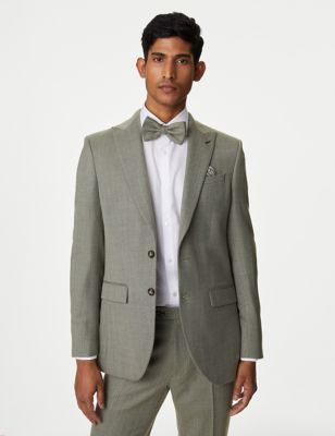 M&S Mens Slim Fit Wool Blend Herringbone Suit Jacket - 34REG - Khaki, Khaki,Blue