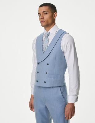 M&S Mens Slim Fit Wool Blend Herringbone Waistcoat - 36REG - Blue, Blue,Khaki