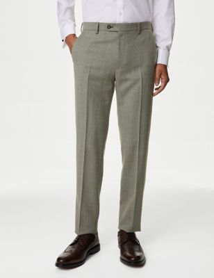 M&S Men's Slim Fit Wool Blend Herringbone Trousers - 38LNG - Khaki, Khaki,Blue