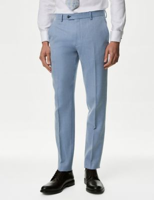 M&S Men's Regular Fit Herringbone Suit Trousers - 38SHT - Blue, Blue