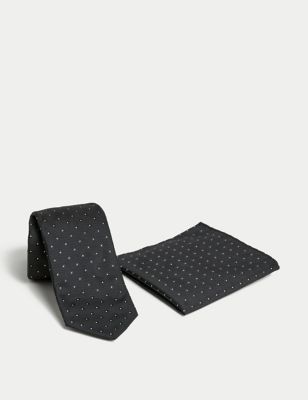 M&S Mens Slim Floral Tie & Pocket Square Set - Black Mix, Black Mix