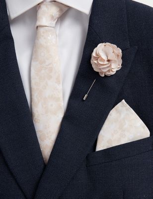 M&S Mens Slim Floral Tie, Pin & Pocket Square Set - Champagne, Champagne,Pale Blue,Lilac,Pale Green,