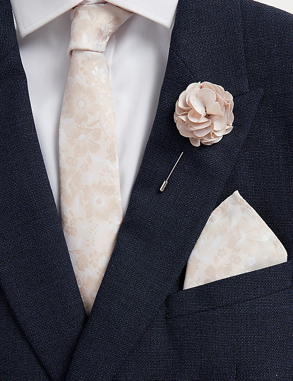 Ensemble cravate fine et carré de poche à motif fleuri avec épingle - CA