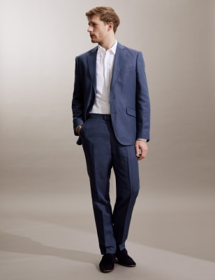 

JAEGER Mens Tailored Fit Silk Rich And Linen Trouser - Blue, Blue