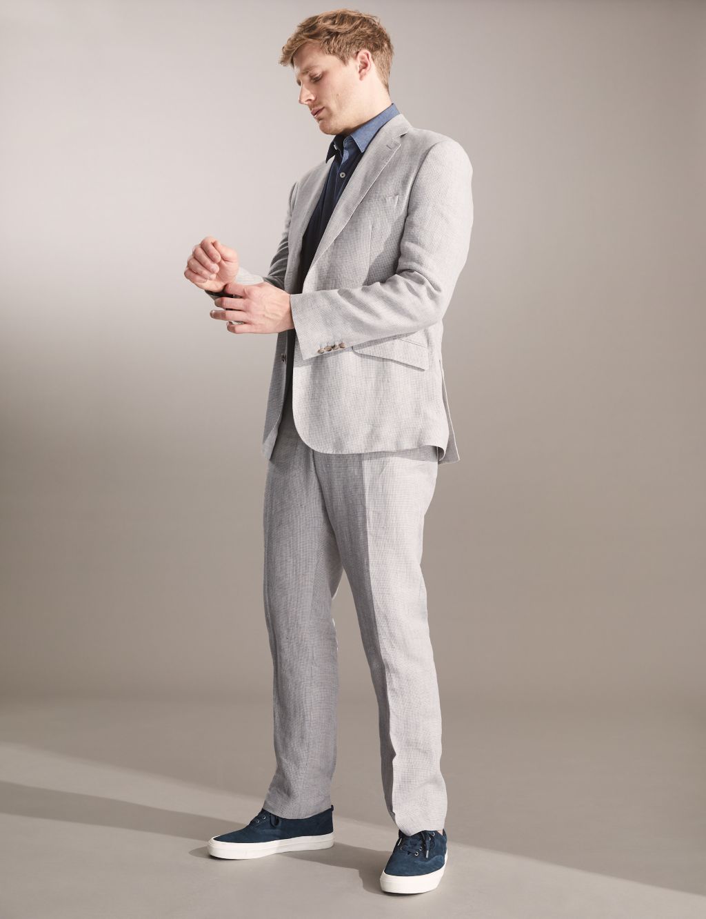 Tailored Fit Pure Linen Puppytooth Trousers image 1