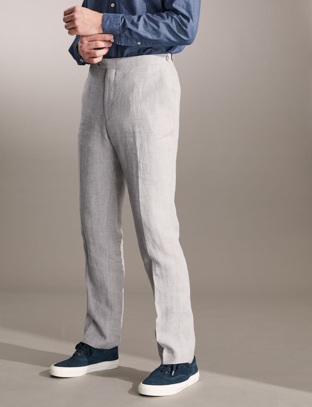 Tailored Fit Pure Linen Puppytooth Trousers image 4