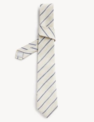 

JAEGER Mens Italian Linen and Cotton Striped Tie - Beige, Beige